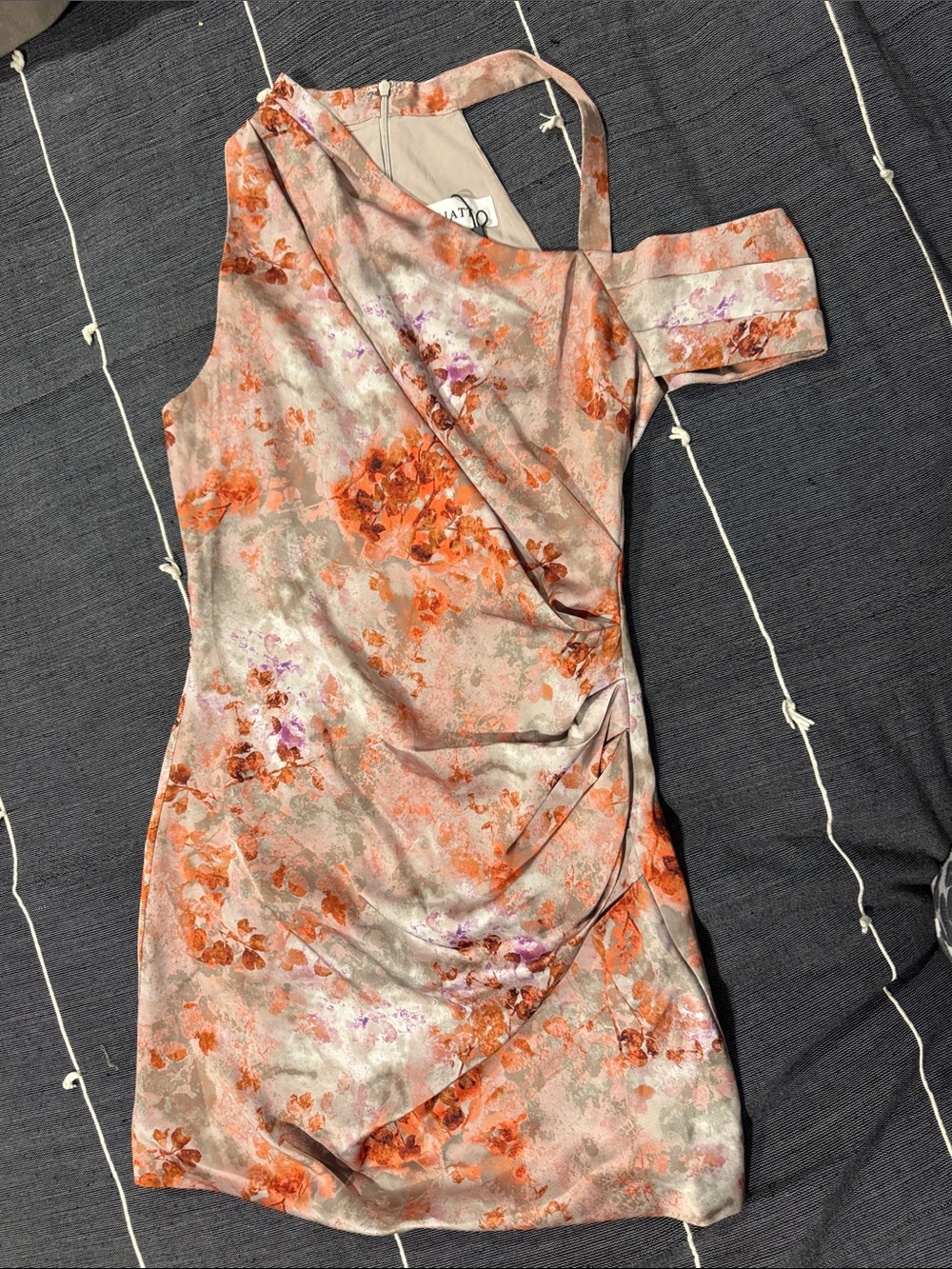 Elliatt One-Shoulder Floral Satin Dress in Peach and Orange